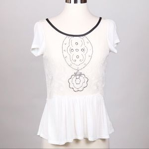 AE Lace Peplum Short Sleeve Top Small Ivory Sheer